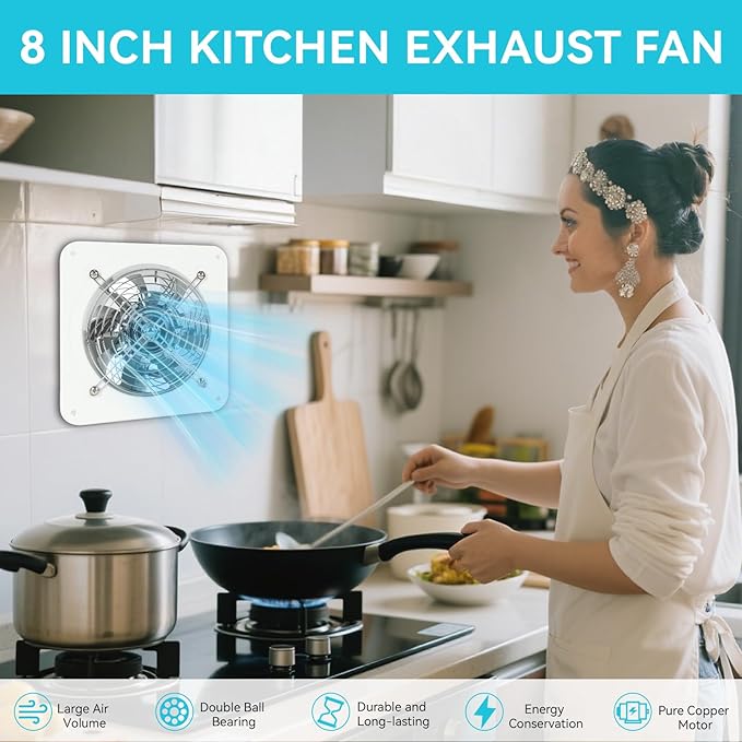MissHoney 6 Inch Exhaust Fan 308CFM Bathroom Window Exhaust Fan Attic Vent Fan For Kitchen Extractor De Aire Para Cocina For Ceiling Basement Attic, Greenhouse, Basement