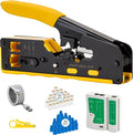RJ45 Crimp Tool Pass Through Kit - Professional Complete Ethernet Crimping tool kit with Tester 30 Cat6 Connectors & Covers for Cat5/Cat5e/Cat6/Cat7/Cat8