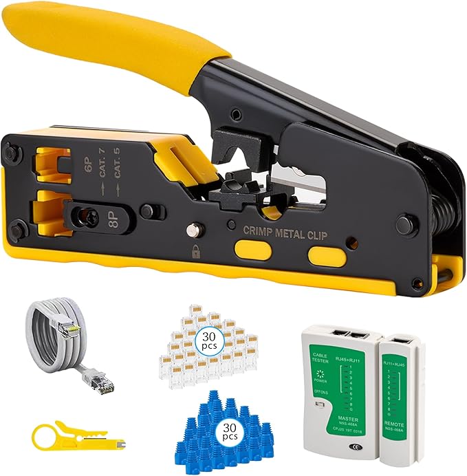 RJ45 Crimp Tool Pass Through Kit - Professional Complete Ethernet Crimping tool kit with Tester 30 Cat6 Connectors & Covers for Cat5/Cat5e/Cat6/Cat7/Cat8