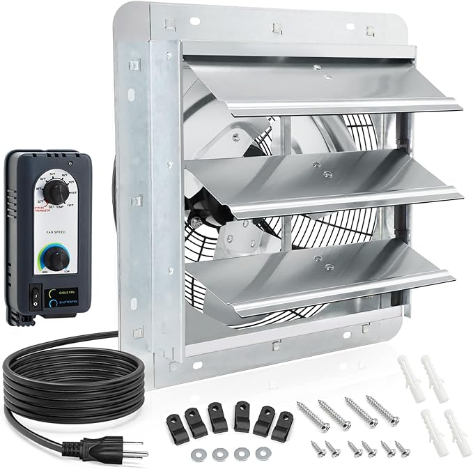 12 inch Shutter Exhaust Fan with Speed & Thermostat Control, 1400 SQ. Ft Coverage Area, 960 CFM, Upgrade Wall Mount Attic Vent Fan for Greenhouse, Garage, Chicken Coops Ventilation Fans