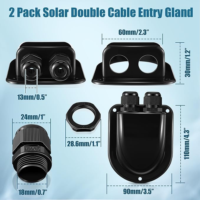 Enhon 2 Pack Solar Cable Entry Gland, Weather Resistant Solar Gland, Dual Cable Entry Housing for All Types 3mm² to 10mm² RV, Caravan, Marine, Boat, Cabin (Black)