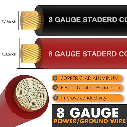 Jeemiter 8 AWG CCA Wire Kit - 100ft Total (50ft Red & 50ft Black) | Complete Power & Ground Cable for Car Audio, RV, Solar | Includes Lugs & Heat Shrink Tube