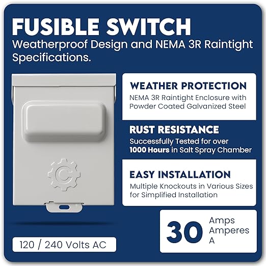 30 Amp Pullout FUSIBLE Disconnect Switch, ControlGear Brand 240V NEMA 3R Outdoor Metallic Enclosure for HVAC Systems, UL Certified, Single Phase Two Wire (fuses NOT Included)