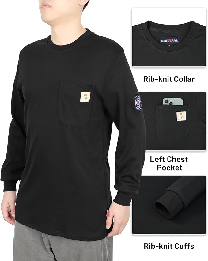 BOCOMAL FR Shirts Crewneck 7oz Midweight Flame Resistant Clothing NFPA2112 CAT2 Men's Fire Retardant Work Shirt