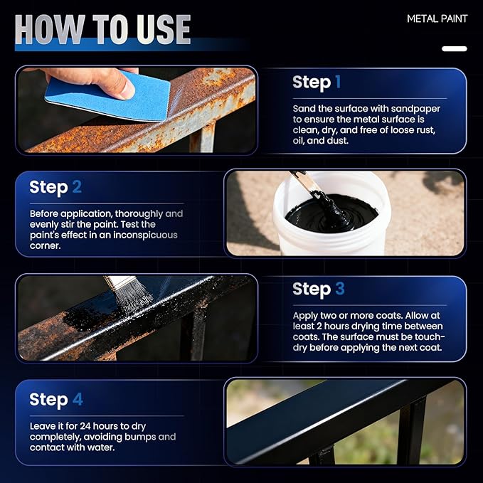 Metal Paint - Waterpoof Anti Rust Preventative - Black Paint for Metal - Door/Outdoor - Direct to Gate, Furniture, Fence, Railing, Craft and More, 25-30sq.ft, 16oz