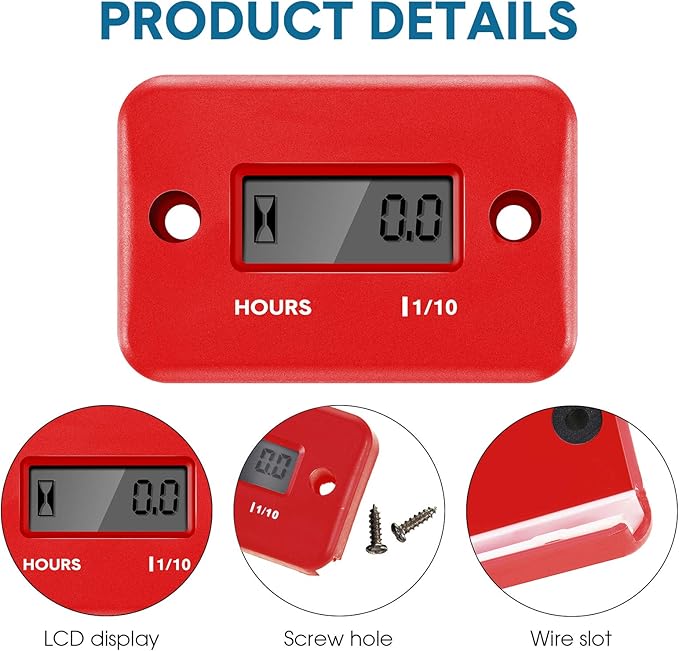 2 Pieces Inductive Hour Meter for Gas Engine Lawn Mower Dirt Bike Motorcycle Motocross Snowmobile Karting Marine ATV Boat Outboard Motor Generator Waterproof Hour Meters (Red)