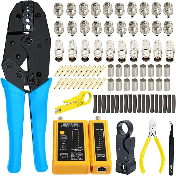 Coaxial Cable Tool Kit - BNC Crimp tool for RG58, RG59, RG62, RG174, 20PCS BNC Male Crimp Connectors for RG58 and 10PCS Female to Female Connectors, Heat Shrink Tubing Cable Tester, Stripper