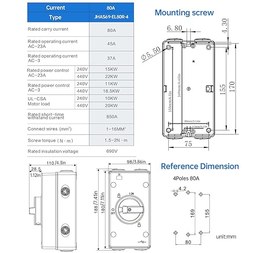 80 Amp Disconnect Switch 690V AC IP66 Waterproof 80A Isolation PV Disconnect On Off Combiner Box 4 Pole Combiner Box for PV Systems