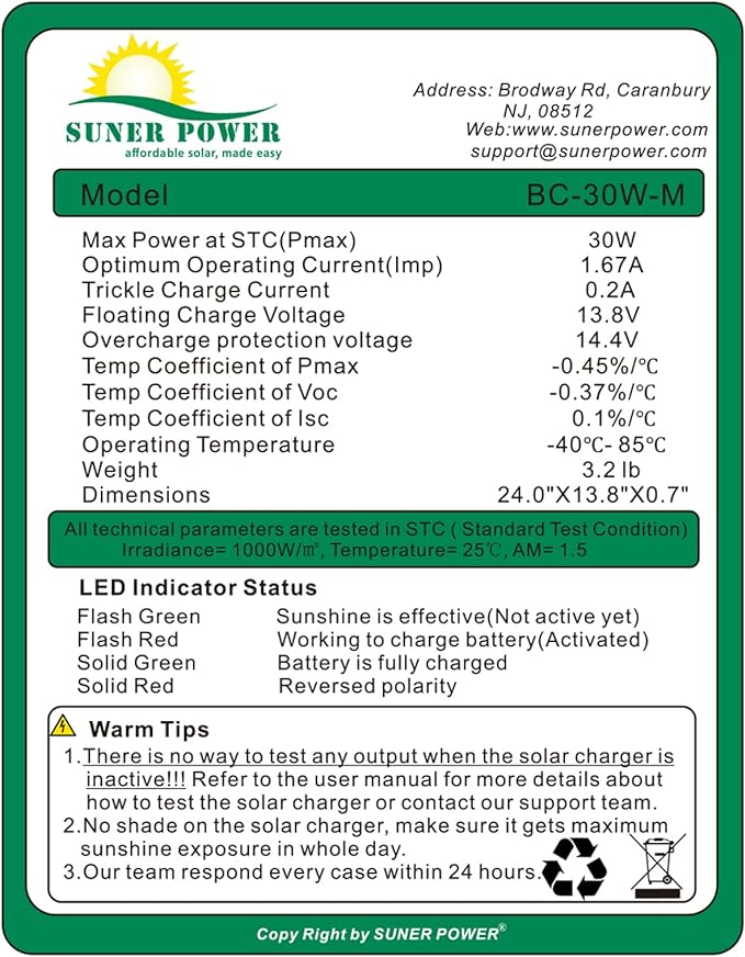 SUNER POWER 30W 12V Solar Battery Charger Maintainer, Built-in Smart MPPT Charge Controller, Adjustable Mount Bracket, Waterproof 30 Watt Solar Panel Kits for Car Automotive Boat Marine RV Trailer