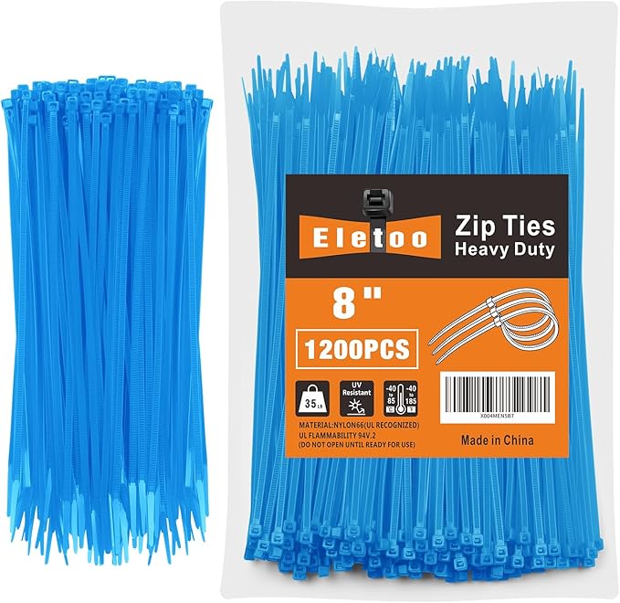 8 Inch blue Zip Ties (1200 Pack), 35 LBS Tensile Strength, Self-Locking Nylon PA66 UV Resistant Cable Ties for Indoor and Outdoor Use