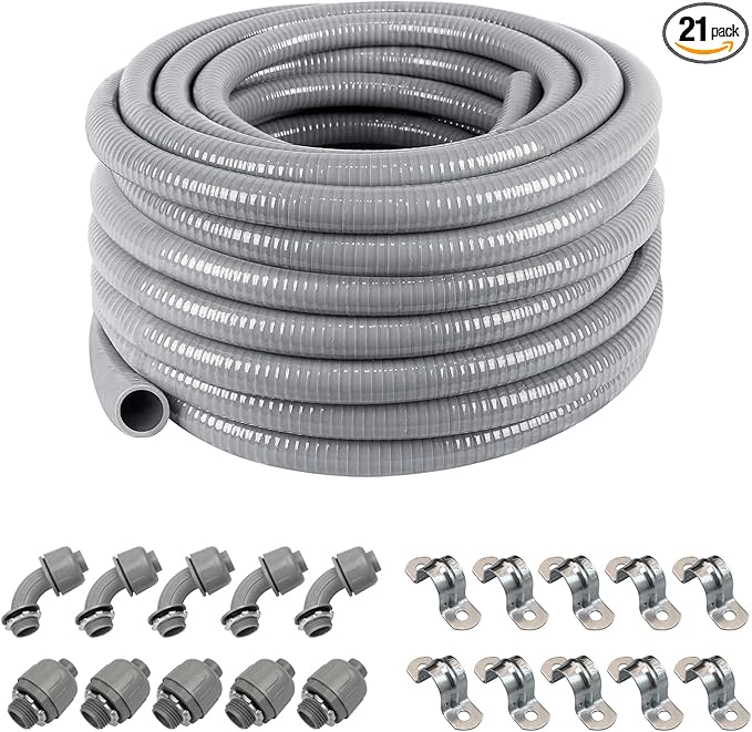 Z 1/2" Dia * 50 Feet Flexible Electrical Conduit Liquid Tight PVC Conduit Kit with 5 PCS Coupling, 5 PCS Elbow and 10 PCS Strap