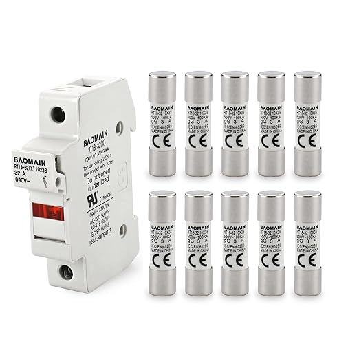 Baomain RT18-32 Fuse Holder Base with 10x3A Ceramic Fuses (10x38mm) – 1 Pole DIN Rail Mount, LED Indicator, CE Certified (3 Amp)
