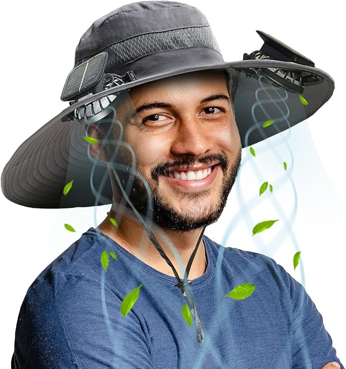 Solar Fan Sun Hat, Widen Brim Outdoor Fishing Men Hat with 2 Fans, Adjsutable 180°Rotating Cooling UPF 50+