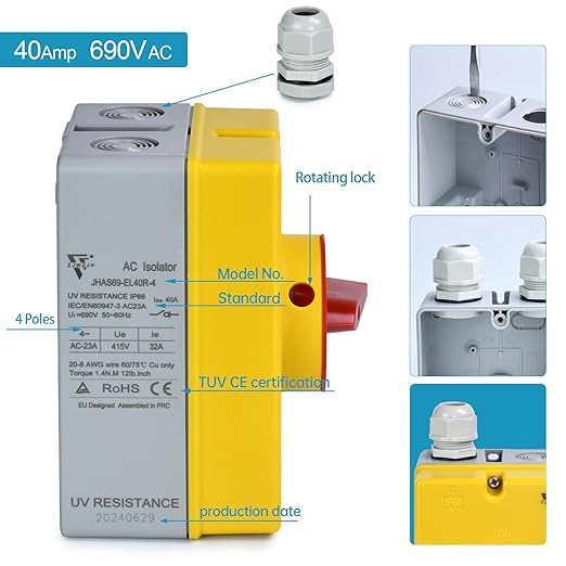 40 Amp AC Disconnect Switch Box Outdoor 4 Pole, IP66 Waterproof, 690V AC Isolation, PV Disconnect Box, Rotary Safety Switch