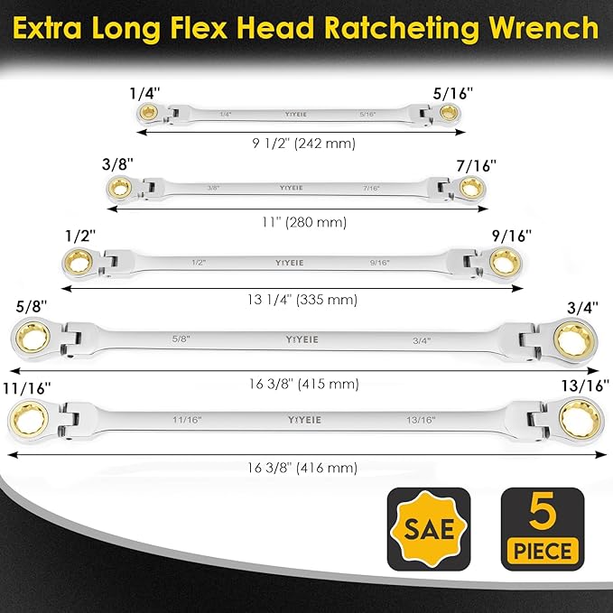 Extra Long Flex-Head Ratcheting Wrench Set, SAE 1/4" to 13/16", 5 Pcs Double Box End Long Handle Ratchet Wrenches, 72-Teeth, CR-V Labor-Saving Aviation Spanner with Pouch, Extra Torque for Tight Bolts