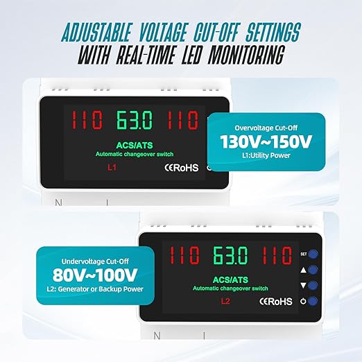Automatic Transfer Switch 63A 110V, Manual Changeover Switch DIN Rail Mount, 63Amp AC 2P Dual Power Mini ATS with LED Display for Home Generator & Gas Furnace, Adjustable Voltage 50/60Hz CE Certified
