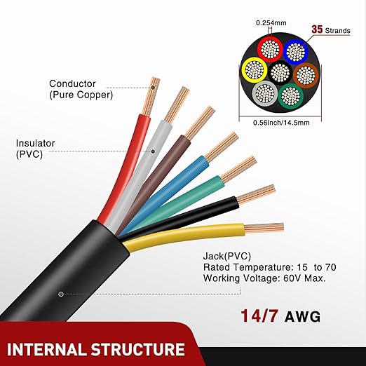 Nilight 50 Feet 7 Way Trailer Extension Cable RV Standard Wire 14 Gauge 7 Conductor 100% Pure Copper Insulated Heavy Duty Cord Weatherproof for 7 Pin Blade Truck Camper RV Automotive