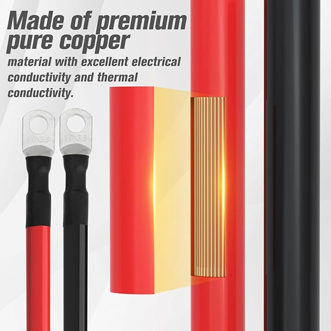 1/0 AWG Battery Cable 1/0AWG Gauge Battery Inverter Cables for Automotive Solar Marine Boat RV Car Motorcycle (1/0 AWG, 1FT, 3/8")