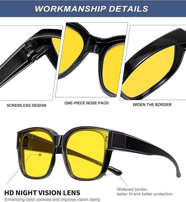 KALIYADI Night-Vision-Glasses Fit-Over-Glasses Wrap-Around Glasses: Anti Glare Night Driving Glasses for men women HD Lens