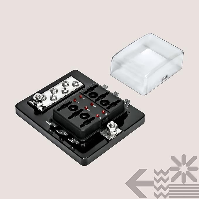 True Mods 6 Way Blade Fuse Box with Ground Negative Bus bar for Automotive [ATC/ATO Blade Fuses] [100 Amp] [LED] [Protection Cover] [12V - 30V DC] Auto Marine Ground Fuse Block