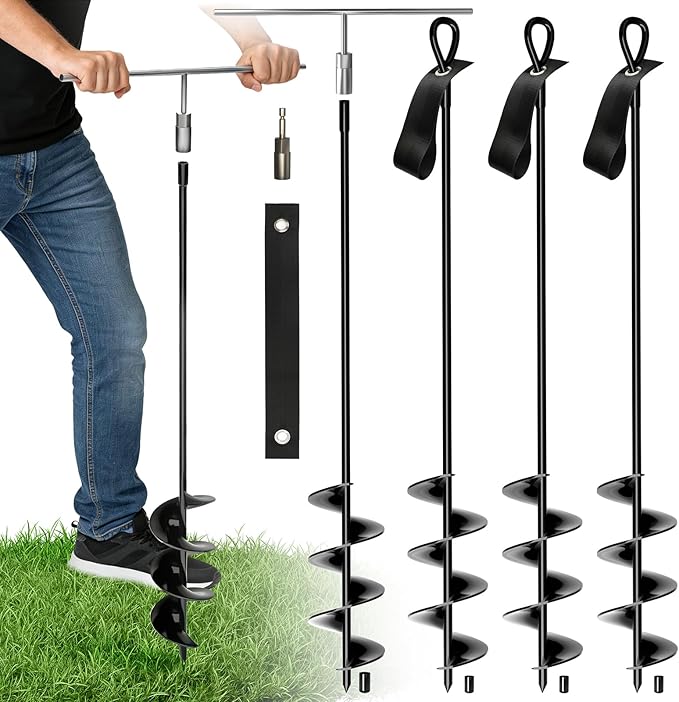 MIXC 30 Inch Heavy Duty Ground Anchors Screw in, 4 Pack Spiral Trampoline Stakes with Straps, Drill Adapter and Upgraded T-Wrench, 2.76'' Wider Blades for Swing Set, Shed, Carport, Mobile Home