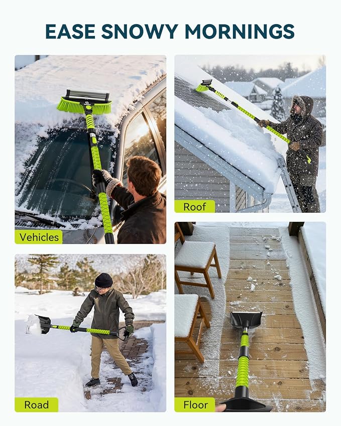 Upgraded 60'' Snow Brush & Snow Shovel with 2 Ice Scrapers, Extendable Snow Brush for Car Windshield with Squeegee, 4-in-1 Detachable Winter Snow Remover for Cars, SUVs, Trucks