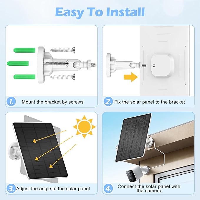 Solar Panel for Security Camera, Camera Solar Panel for Built-in Rechargeable Battery Security Camera with Micro USB & USB-C & DC Ports, IP65 Waterproof, 360°Adjustable, 10Ft Charging Cable