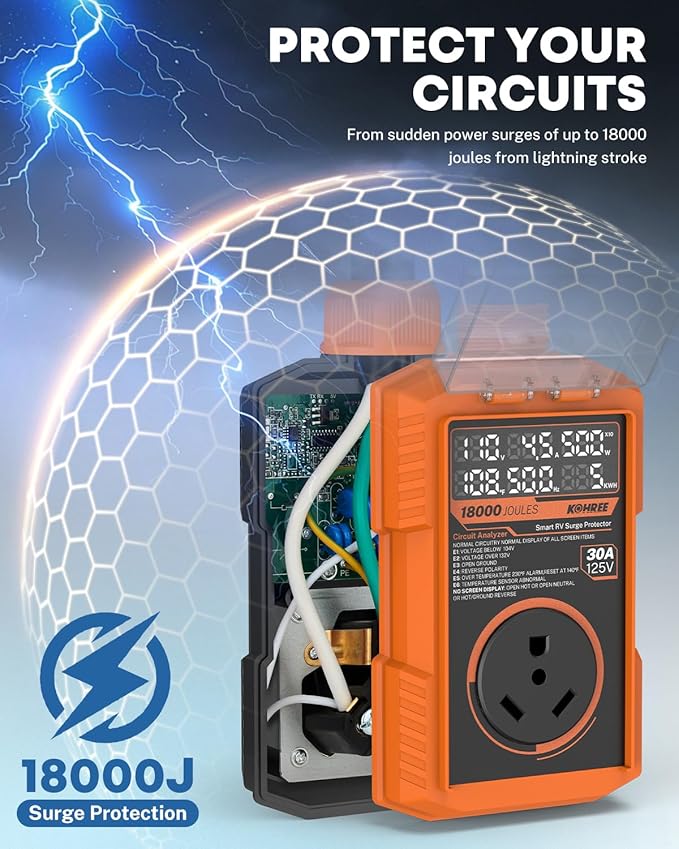 Kohree RV Surge Protector 30 Amp, 18000 Joules RV Power Surge Voltage Protection, RV Adapter Plug with Auto Shut Off LED Large Screen Real-Time Circuit Analyzer for Travel Trailers Camper-30A Orange
