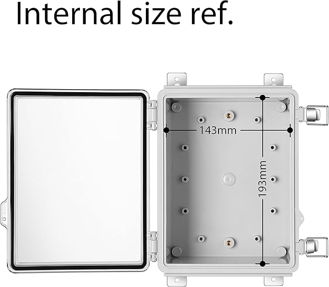 Junction Box, IP67 Waterproof Plastic Enclosure for Electrical Project, Hinged Transparent Cover, Includes Mounting Plate and Wall Bracket 220×170×110mm (8.6"×6.7"×4.3" TC)