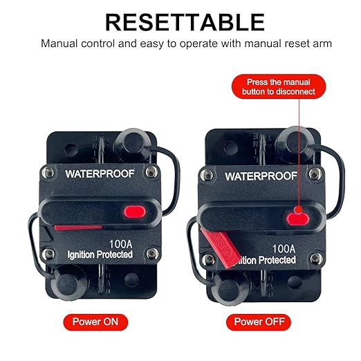 100 Amp Circuit Breaker Resettable Fusewith Manual Reset Switch Button Waterproof 12V-48V DC for Boat Trolling Motor Marine ATV Trailer Vehicles Stereo Audio Electronic Battery Solar System