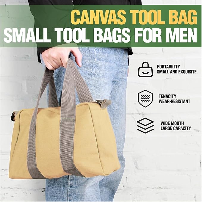 Small Tool Bag, Canvas Tool Storage Bag, Large Capacity Multipurpose Zipper Soft Tote Organizer Pouch for Electrician, Plumbing, Gardening,Tools Bags for Men (Khaki, 12 Inch)