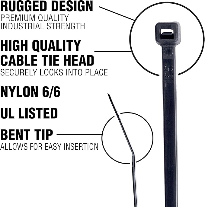 ZipIts 1000 Pieces 8-in 75 Lb Tensile Strength Standard Duty Cable Ties, Black UV Resistant, Nylon 6/6, UL Listed, Contractor Grade Quality Wire Ties