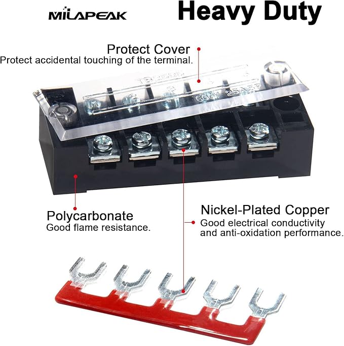 MILAPEAK Terminal Block and Strip - 6 Sets 4/5/6 Positions 600V 25A Dual Row Wire Screw Terminal Strip Block with Cover + 400V 25A Pre-Insulated Terminals Barrier Strips Jumpers (Black & Red)