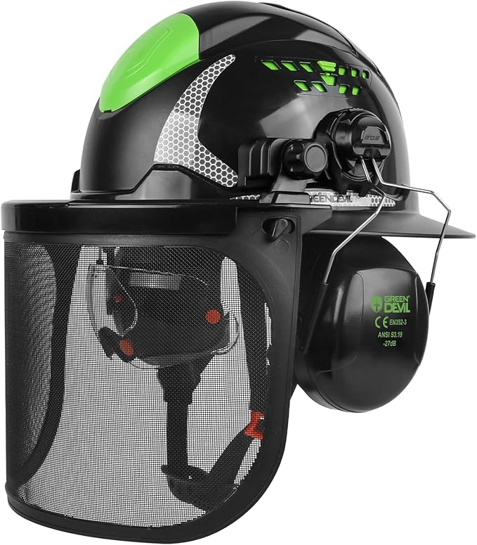 GREEN DEVIL Industrial Chainsaw Helmet with Face Shield Built in Visor and Ear Muffs 4 in 1 System ANSI Z89.1 Safety Hard Hat Adjustable Headgear Ideal for Forestry and Arborist Work Full Brim Style