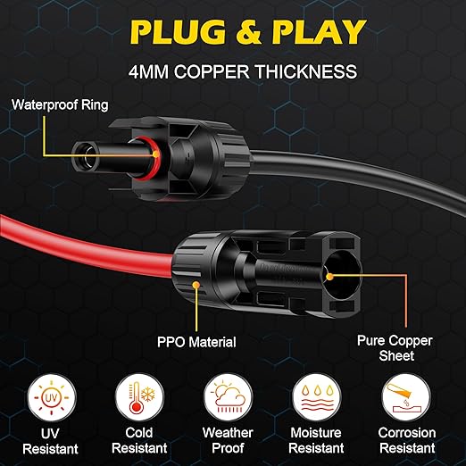 39Ft Solar Cable Solar Extension Cable,10AWG Solar Panel ExtensionCable with Female and Male Connectors,Waterproof Solar ExtensionCable Kit (Red and Black).