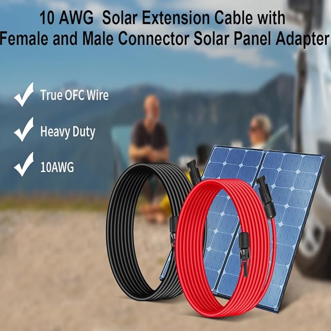 10AWG (6mm²) Solar Panel Extension Cable 2FT - Black & Red, Heavy Duty, Weather Resistant, Standard Solar Connectors Solar Extension Cable for Solar Power Systems, RVs, Boats