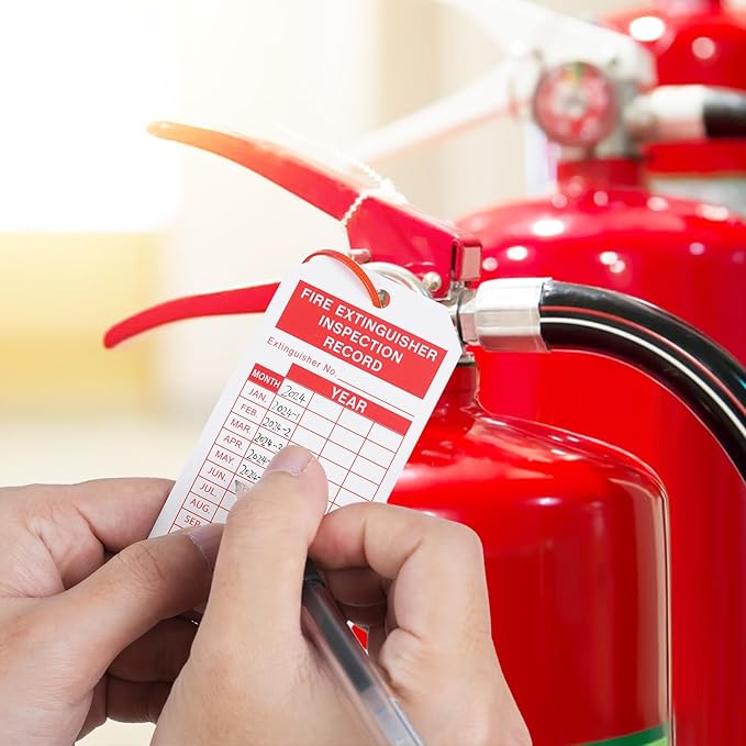 Fire Extinguisher Tags with Adjustable Wire Ties Fire Extinguisher Recharge and Inspection Record for Indoor Outdoor Fire Extinguishers, 4.2 x 2.1 Inch 50sets