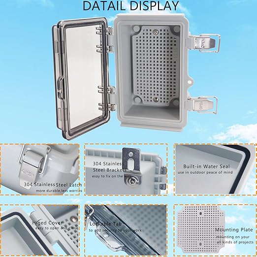 Waterproof Junction Box, ABS Plastic Electrical Box with Stainless Steel Latch, Hinged Cover Electric Project Enclosure Box with Mounting Plate, Wall Brackets & Cable Gland 5.9"x3.9"x2.8"