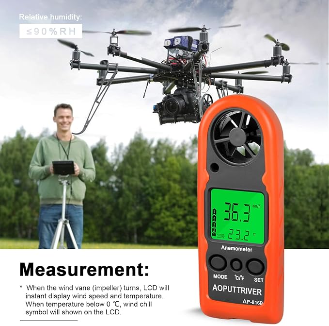 Digital Wind Speed Meter Air Flow Meter Measuring Wind Chill and Max/Average/Current/Temper Speed, Mini Anemometer for Sailing Fishing Hunting HVAC