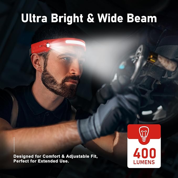 Rechargeable LED Headlamp (Red), 400 Lumens, 230° Wide Beam, USB-C, 5 Modes — Lightweight, Adjustable Headband; Hard Hat Clips for Camping, Hiking, Running & Repairs