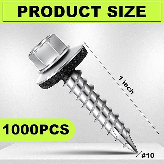 Tandefio Hex Head Metal Roofing Screws Galvanized Roof Self Starting Tapping Siding Sheet with Rubber Washer Seal for Wood Panels Summer(Zinc,1000 Pcs,#10 x 1)