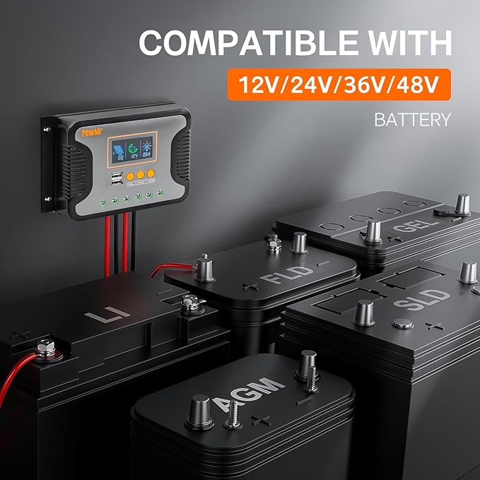 PowMr 80A PWM Solar Charge Controller, 12V 24V 36V 48V Auto, LCD Display and Dual USB Output, Fit for AGM, Gel, FLD, Lead-Acid and Lithium Battery【Update Version】