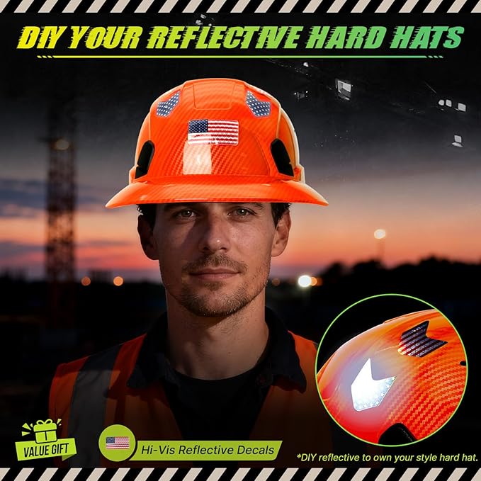 Carbon Fiber Pattern Full Brim Hard Hat with Visor-OSHA Approved Construction Safety Helmet for Men Women,ANSI Z89.1 Vented Reflective Hardhat with Hard Hat Chin Strap,6-Point Suspension
