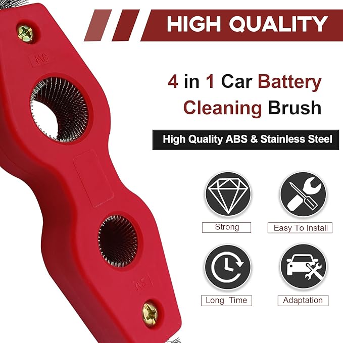 4 in 1 Car Battery Terminal Cleaning Brush, Anti-Rust Auto Battery Cleaner Brush Tool, Universal for Automotive and Marine for Plumbing Installation Soldering Brazing, Car Accessories (Red)
