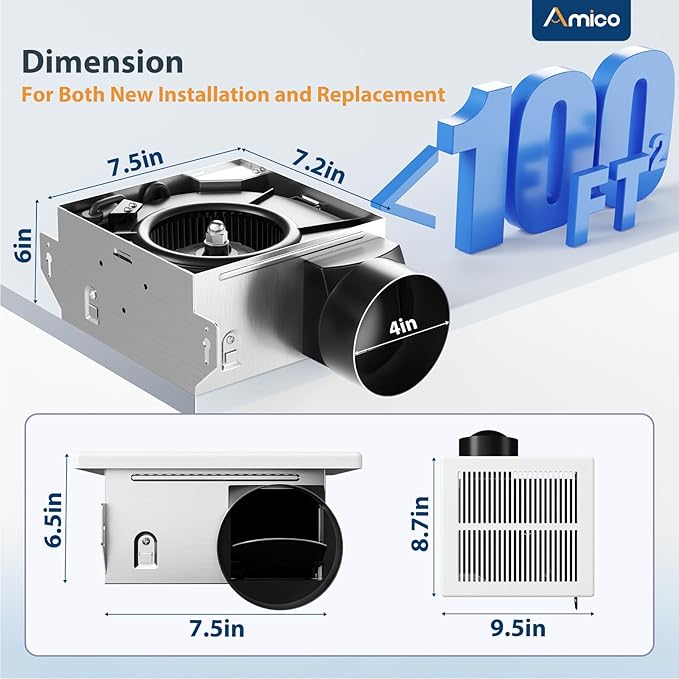 Amico Bathroom Exhaust Fan, 1.5 Sones, 110 CFM, Low Noise, Ceiling Mounted Retrofit Ventilation Fans, 4 Inch Duct, No Attic Access Needed- UL Certified