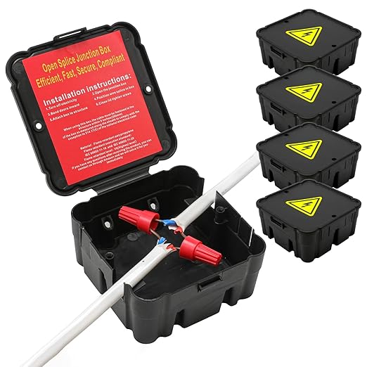 Black Open Splice Junction Box (4 Pack)，Open Splices Repair Open Splices, 5 Second Installation Splice Box, Wire Electrical Junction Box with Cover V0 Flame Retardant Rating(Highest Level)