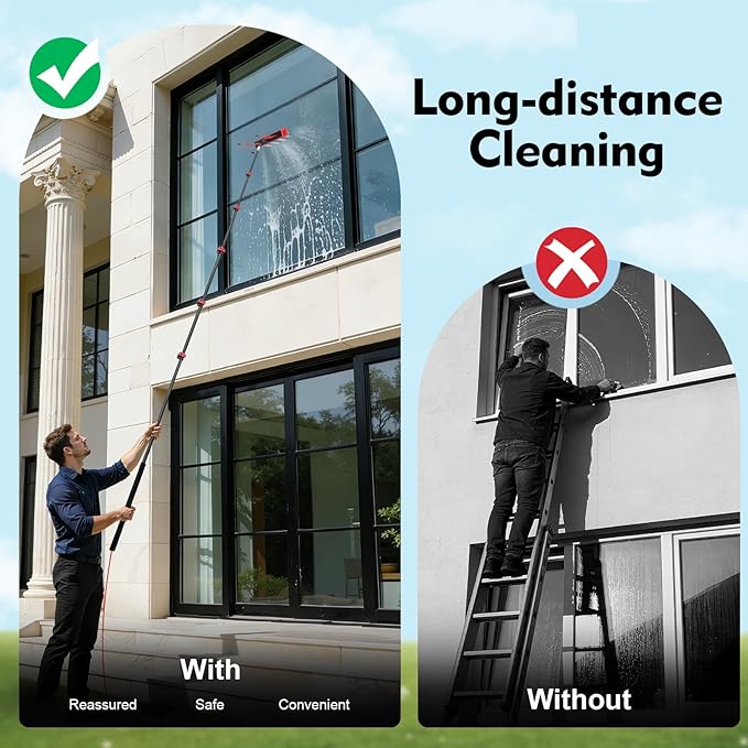 TFCFL Professional Water Fed Pole Kit, 24ft Telescopic Aluminum Alloy Window & Solar Panel Cleaner with 65ft Hose, 210° Rotating Brush, 4 Water Jets for High Reach Cleaning, Car, Glass Roof