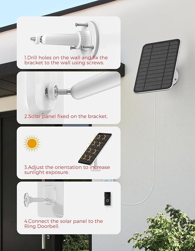 5W Solar Charger for Battery Video Doorbells, Solar Panel with 19.6FT Cable Compatible with Battery Doorbell Plus/Pro/3/3+/4 – Weatherproof Solar Power Supply for Continuous Charging