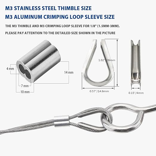 24 PCS Wire Clamp Tool Kit - 8 M2 Two-Way Wire Rope Cable Clips, 8 M3 Stainless Steel Thimbles, 8 M3 Aluminum Crimping Loop Sleeves for 1/16" Wire Rope Rigging, Tent Rope, Guard Railing for Outdoors