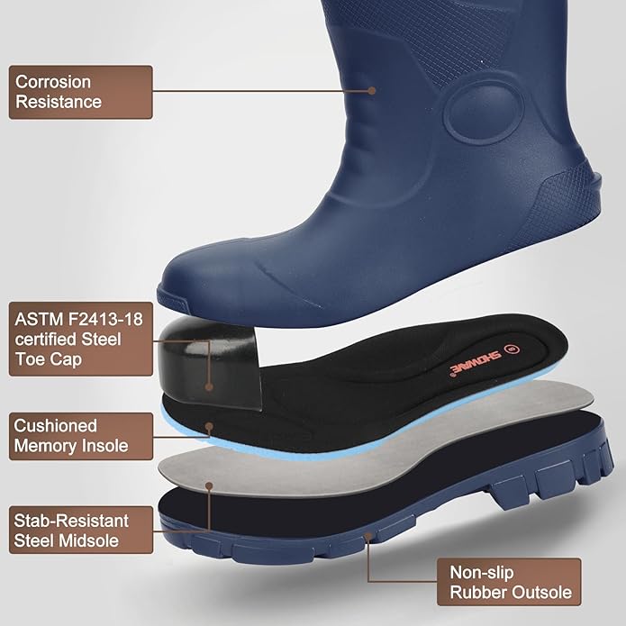 Showave Steel Toe Rubber Work Boots for Men Waterproof Durable Concrete Boots for Hunting Manufacturing Construction